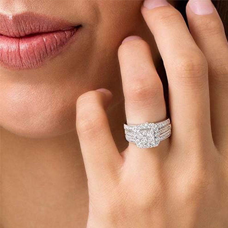 Aliança de casamento de moissanite princesa quadrada em ouro branco 14K-2