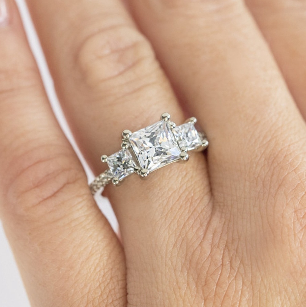 14K Białe Złoto Princess-square Moissanite Obrączka Ślubna-2