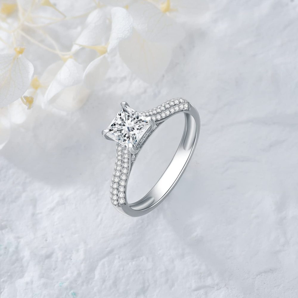Anel de noivado Moissanite em ouro branco 10K em forma de princesa quadrada-3