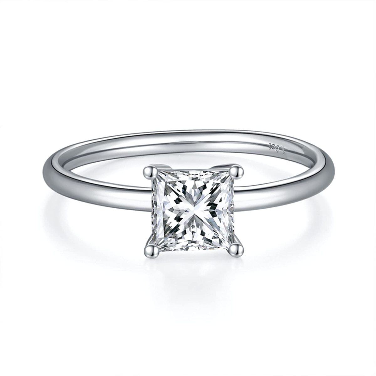 14K White Gold Princess-square Shaped Moissanite Personalized Engraving Ring-1