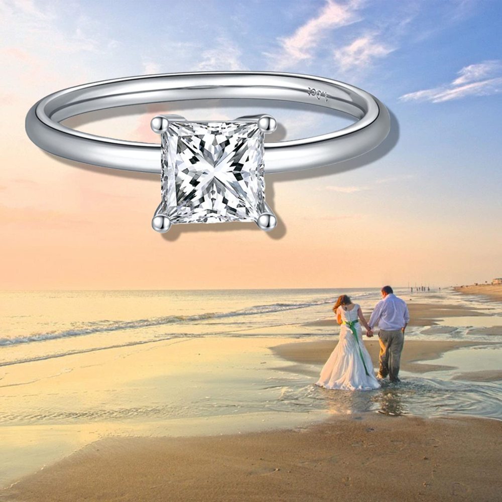 10 Karat Weißgold-Ring mit Moissanit in Prinzessform und personalisierter Gravur-4