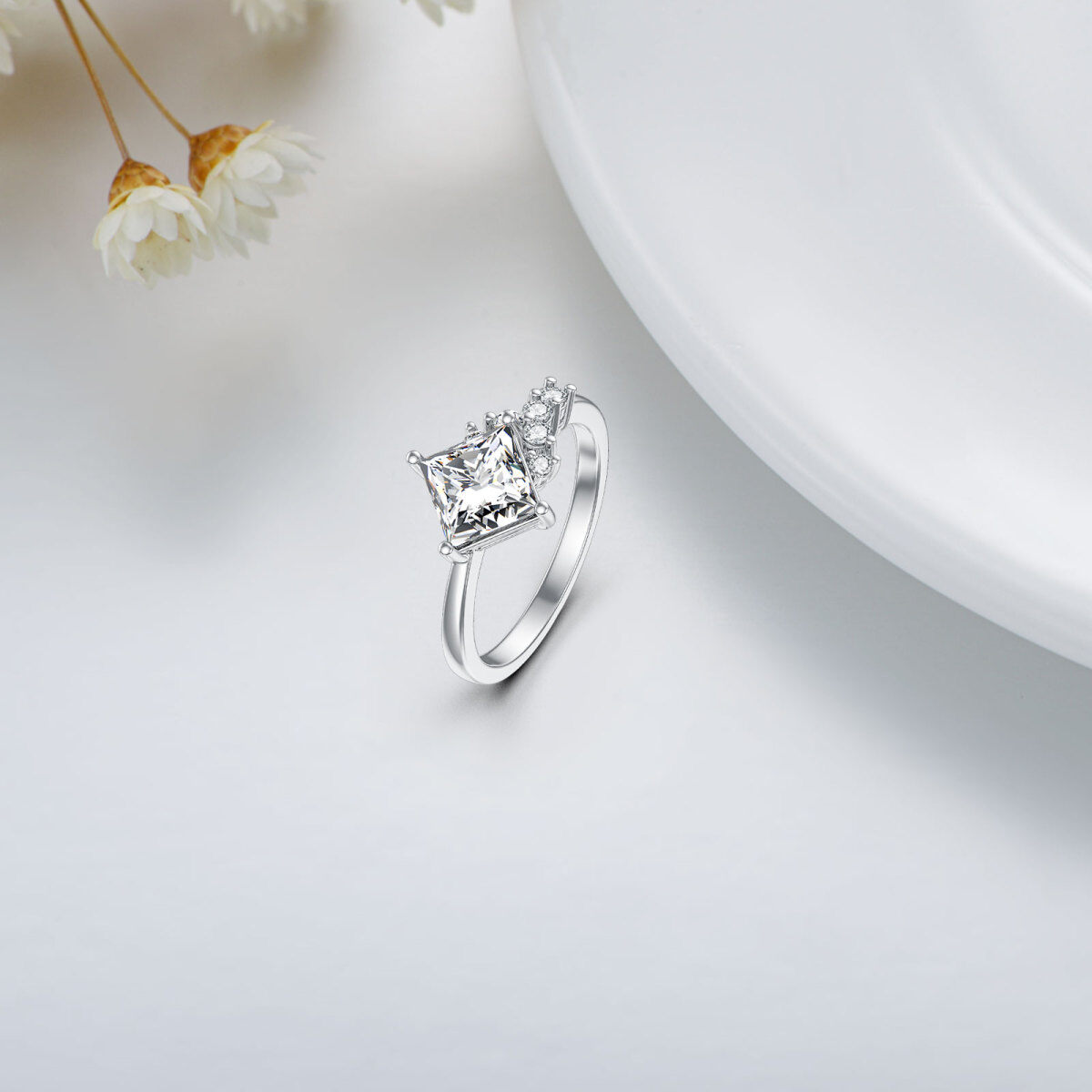 Aliança de casamento de moissanite em formato de princesa quadrada em ouro branco 14K-3