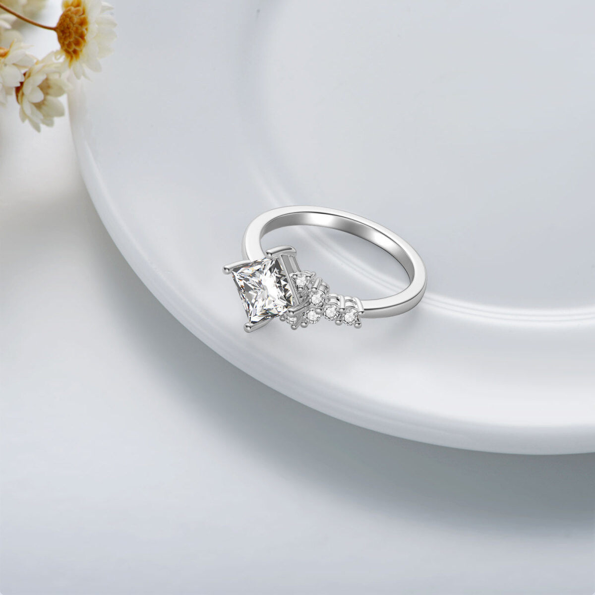 Aliança de casamento de moissanite em formato de princesa quadrada em ouro branco 14K-4