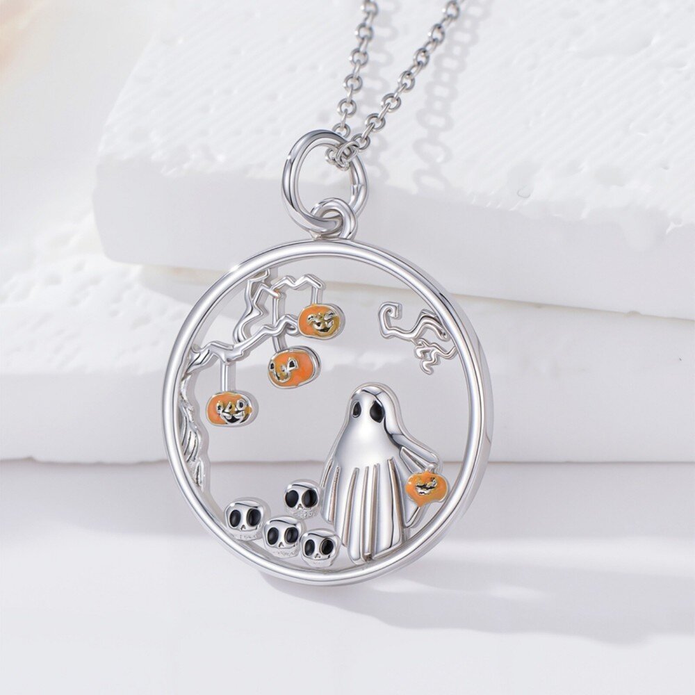 10K White Gold Pumpkin & Round & Skull & Ghost Pendant Necklace-3