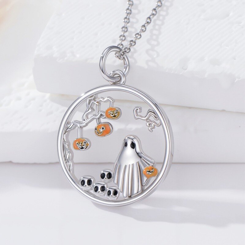 قلادة بحلية يقطين ودائرية وجمجمة وشبح من الذهب الأبيض عيار 10K-3