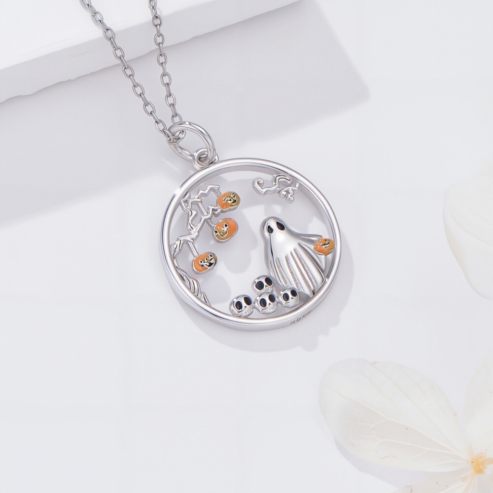 10K White Gold Pumpkin & Round & Skull & Ghost Pendant Necklace-4