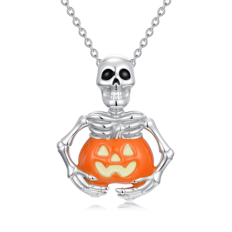 Sterling Silver Pumpkin & Skeleton Pendant Necklace-12