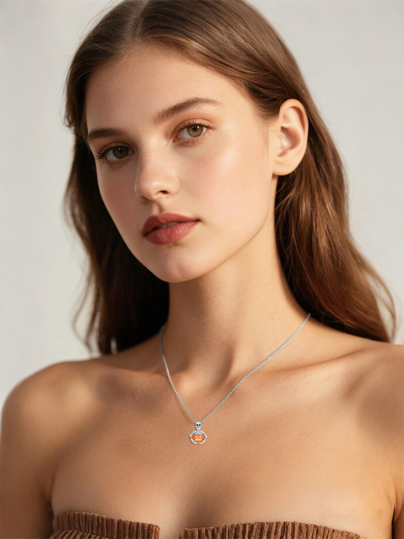 Sterling Silver Pumpkin & Skeleton Pendant Necklace-2