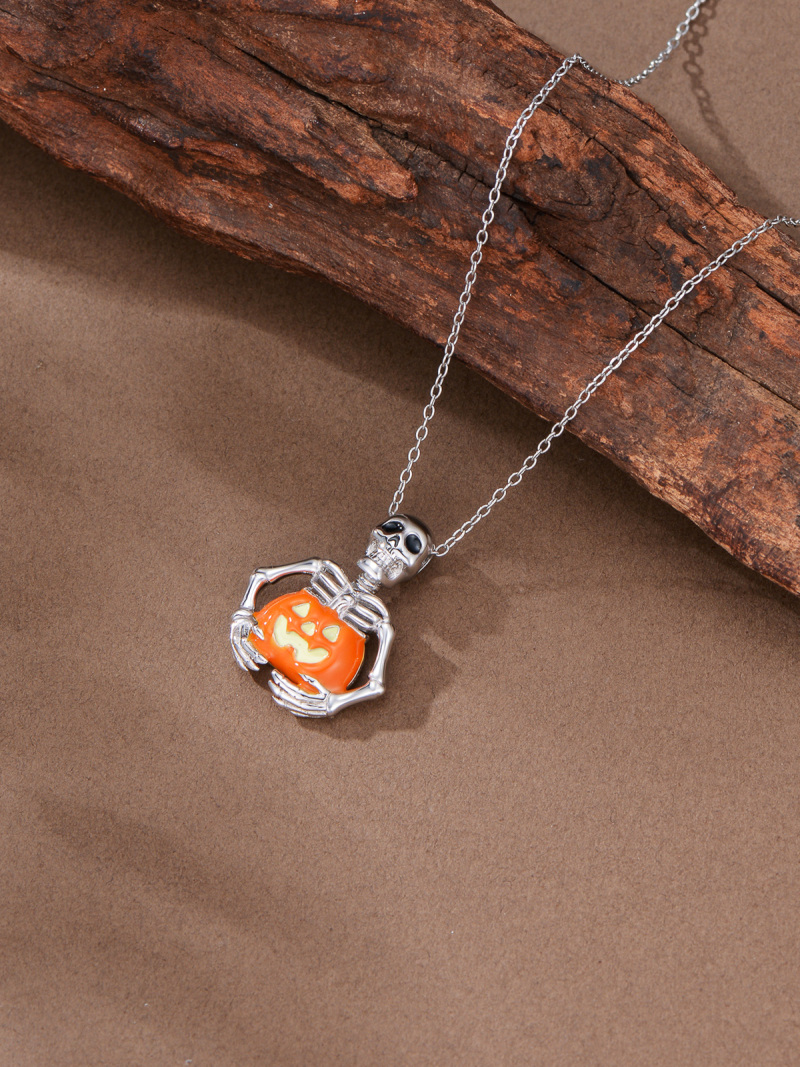 Sterling Silver Pumpkin & Skeleton Pendant Necklace-3