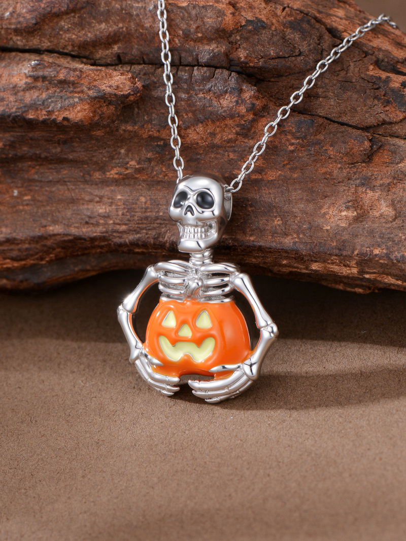 Sterling Silver Pumpkin & Skeleton Pendant Necklace-4