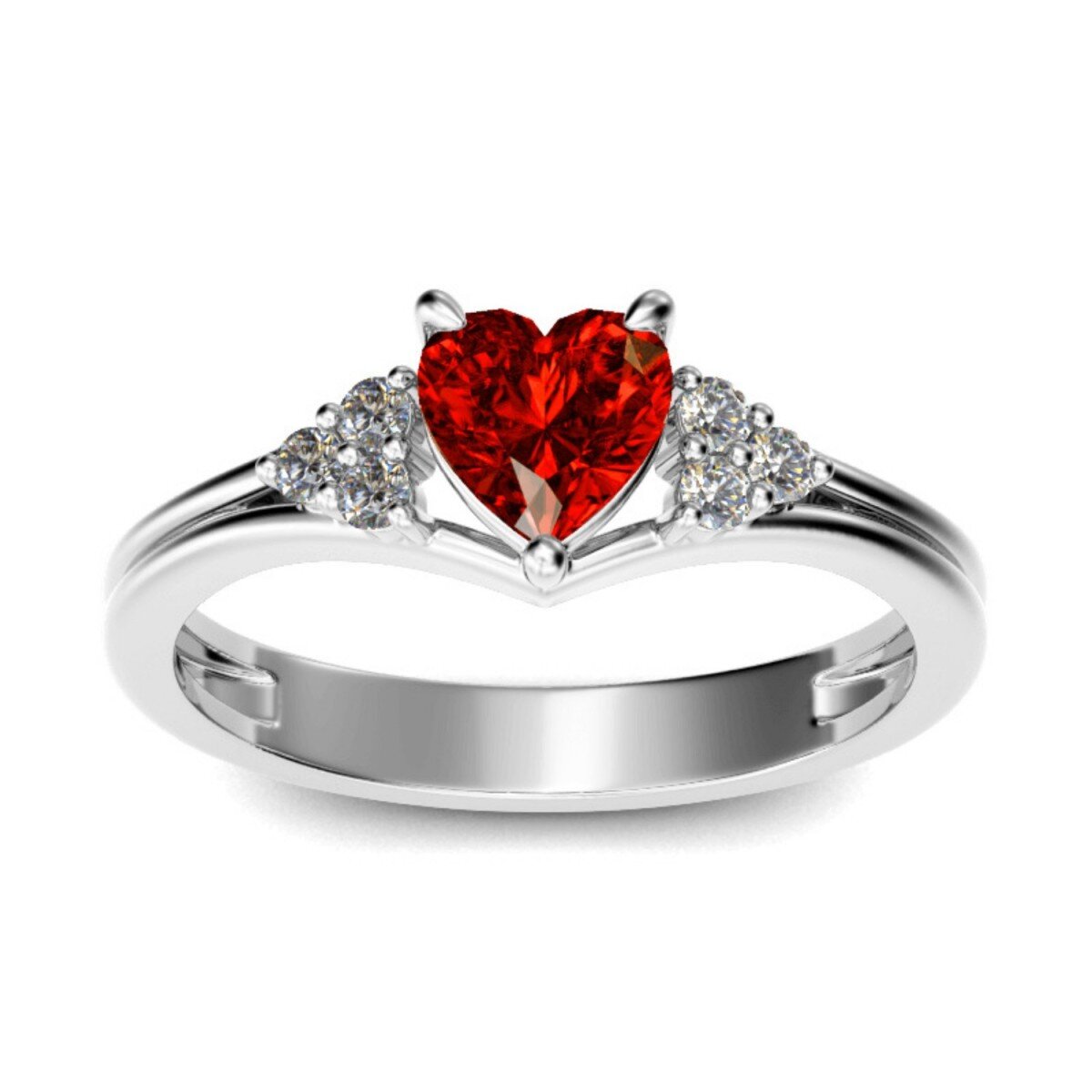 Bague cœur en or blanc 14 carats avec zircone cubique rouge-1