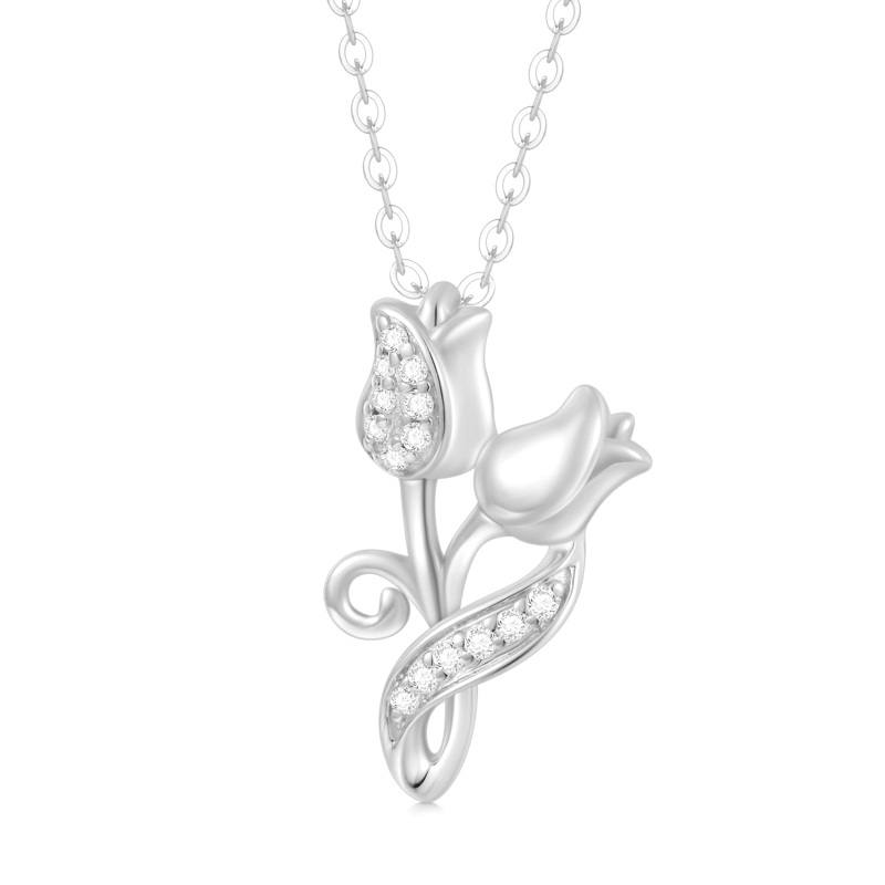 10K White Gold Cubic Zirconia Rose Pendant Necklace-11
