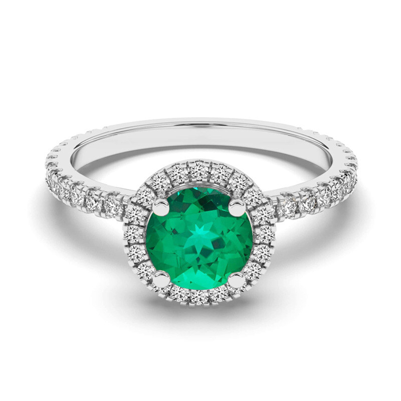 14K White Gold Round Cut Emerald & Diamond Halo Engagement Ring-1