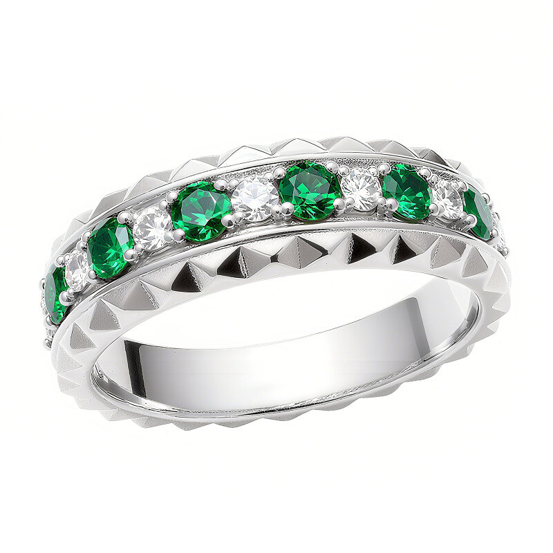 Pierścionek ślubny z białego złota 14K o okrągłym szlifie, ze szmaragdem i moissanitem-1