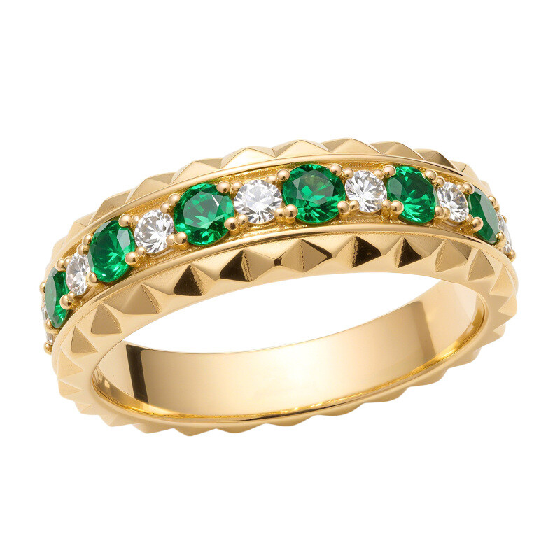 Pierścionek ślubny z białego złota 14K o okrągłym szlifie, ze szmaragdem i moissanitem-2