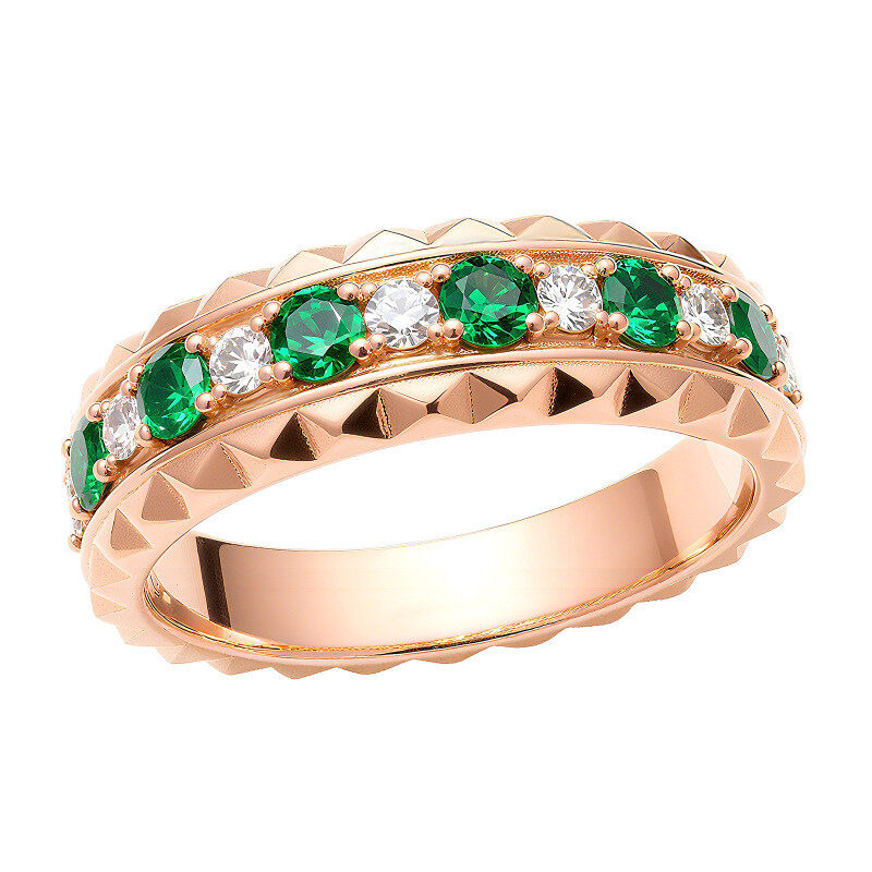 Pierścionek ślubny z białego złota 14K o okrągłym szlifie, ze szmaragdem i moissanitem-3