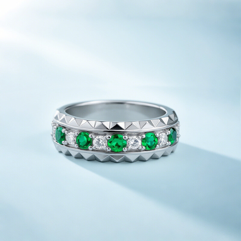 Pierścionek ślubny z białego złota 14K o okrągłym szlifie, ze szmaragdem i moissanitem-4