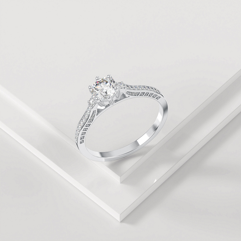 Bague de fiançailles en or blanc 18K avec diamant moissanite taillé rond-4