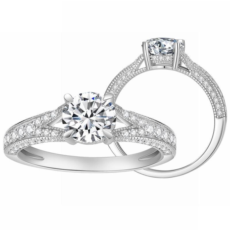 Anneau de fiançailles en moissanite taillé rond en or blanc 14K-2