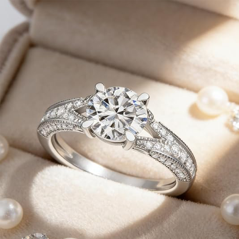 Anneau de fiançailles en moissanite taillé rond en or blanc 14K-4