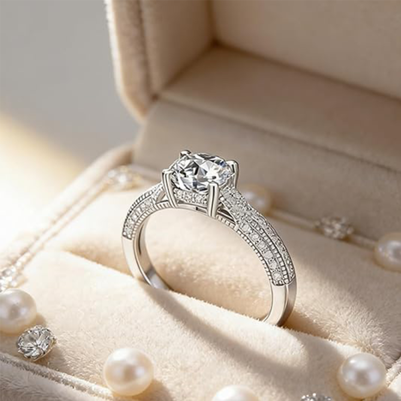 Anneau de fiançailles en moissanite taillé rond en or blanc 14K-5