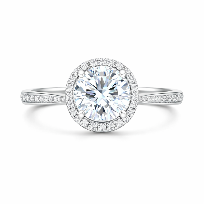 Anillo de compromiso de moissanita con corte redondo en oro blanco de 14 quilates-1