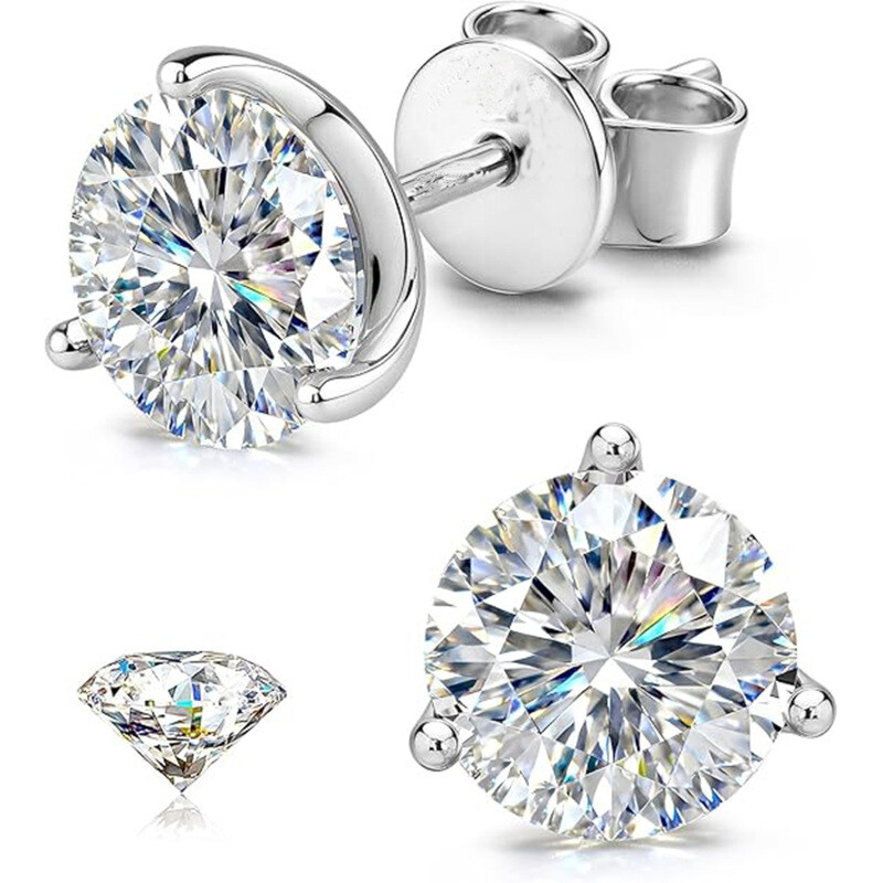 Boucles d'oreilles clou en or blanc 14K à taille ronde en moissanite-1