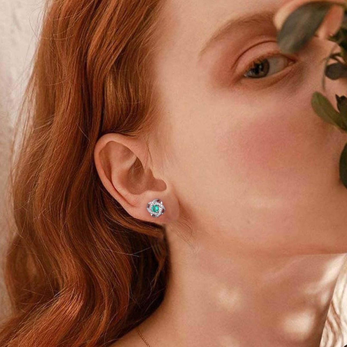 Pendientes de plata de ley con nudo espiral celta y piedra de nacimiento personalizada de corte redondo-3