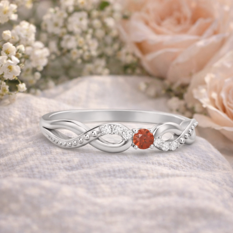 Anillo personalizado con piedra de nacimiento y corte redondo en oro blanco de 14 quilates-3