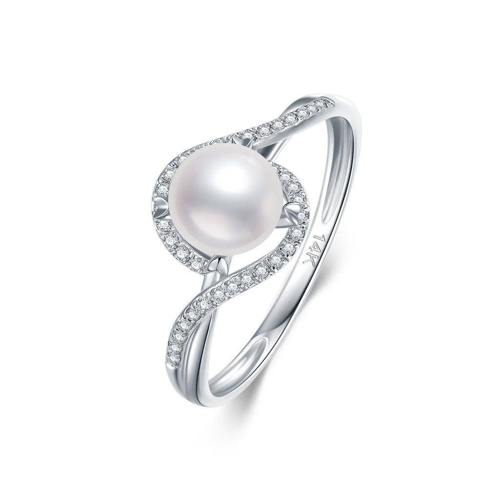 10K White Gold Round Shaped Diamond & Pearl Custom Wedding Ring 3EX IGI Certified-1