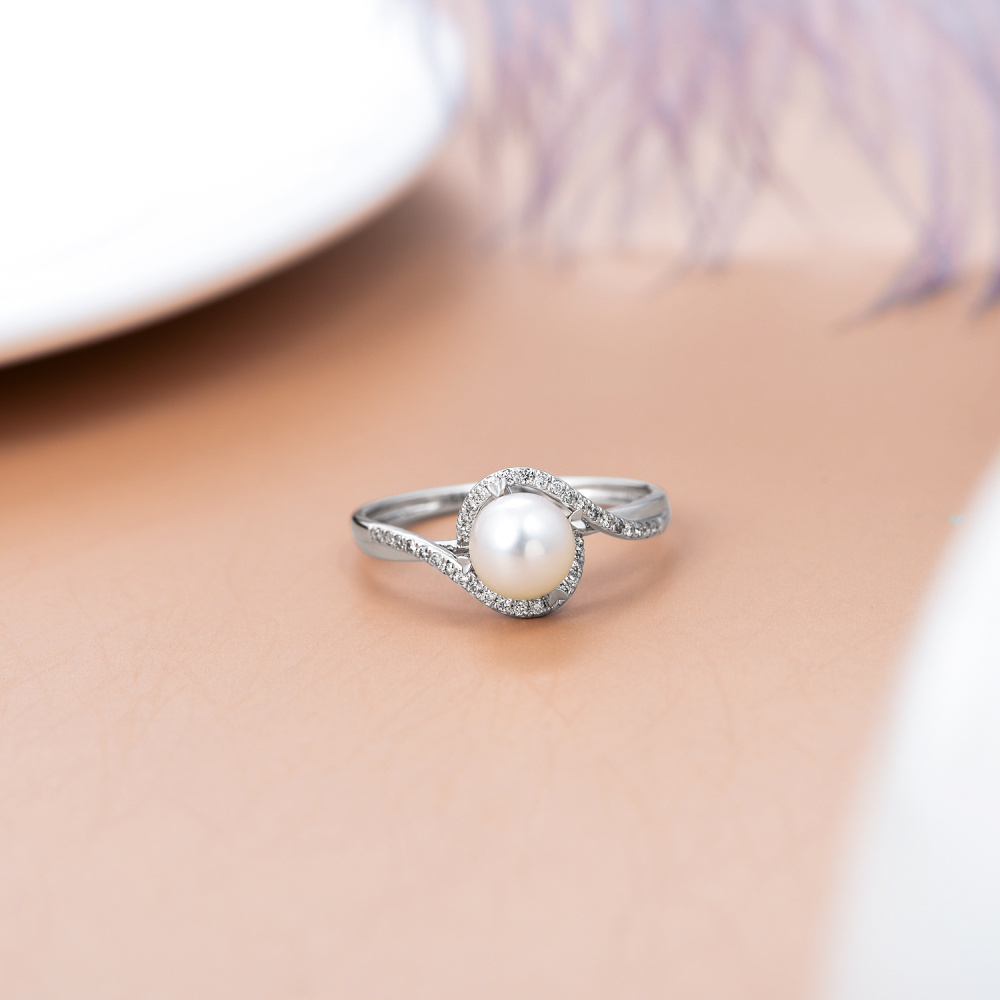 10K White Gold Round Shaped Diamond & Pearl Custom Wedding Ring 3EX IGI Certified-3