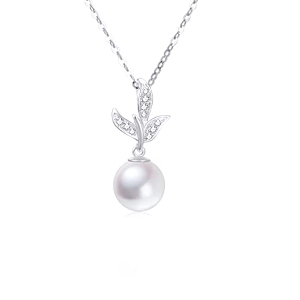 Collana con foglie di perle rotonde in oro bianco 10K per donna-1