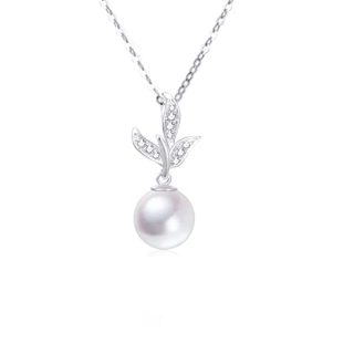 10K White Gold Round Pearl Leaves Necklace for Women-7