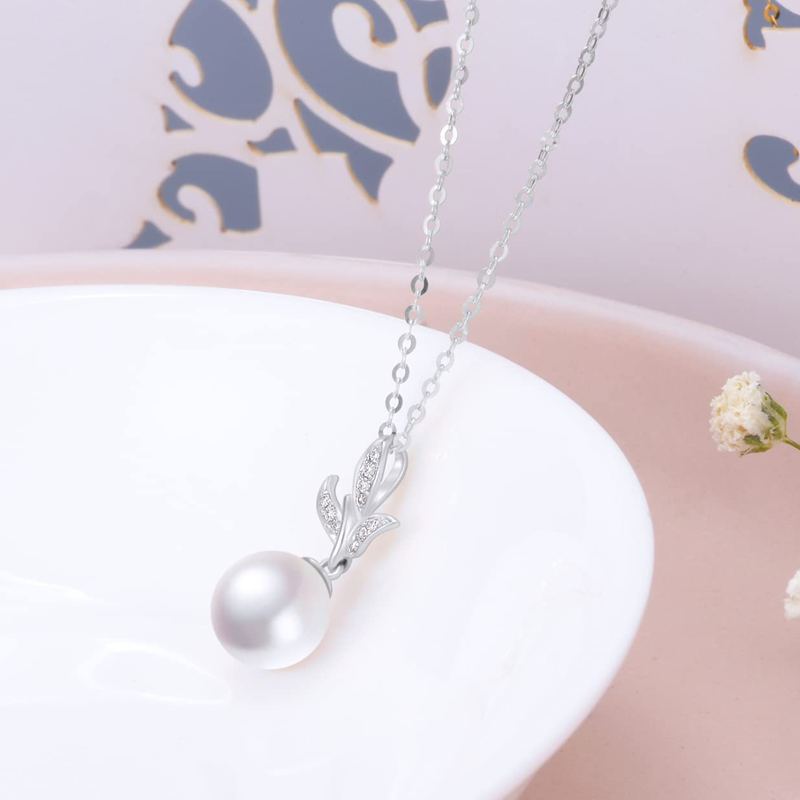 Collana con foglie di perle rotonde in oro bianco 10K per donna-2