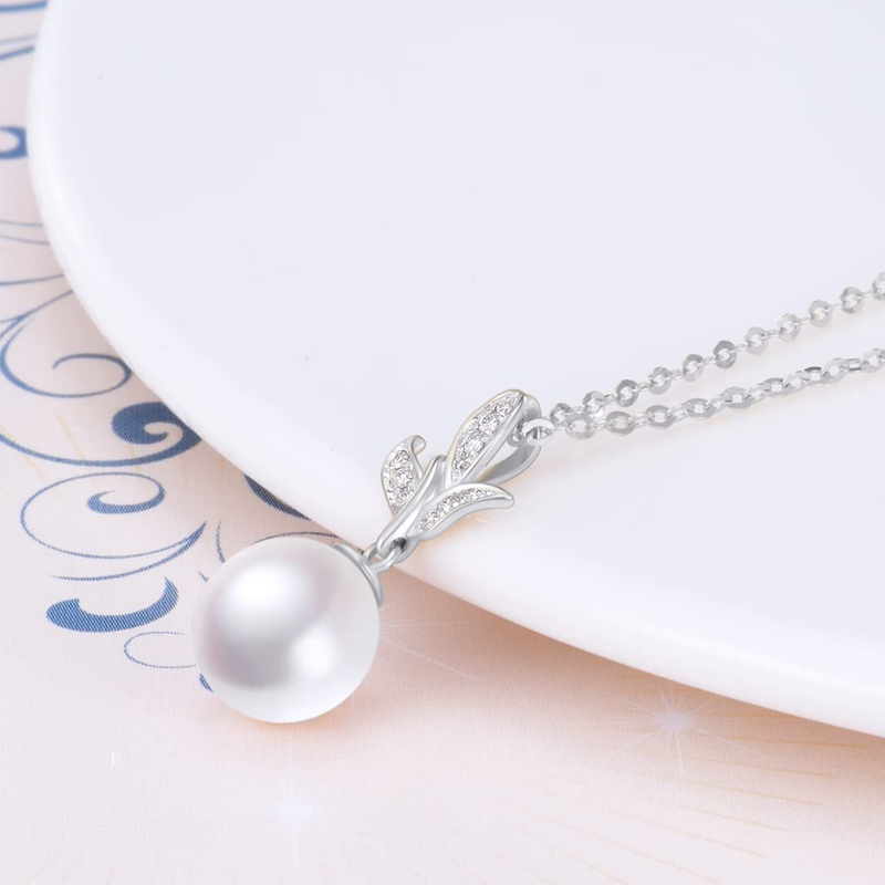 10K White Gold Round Pearl Leaves Necklace for Women-3