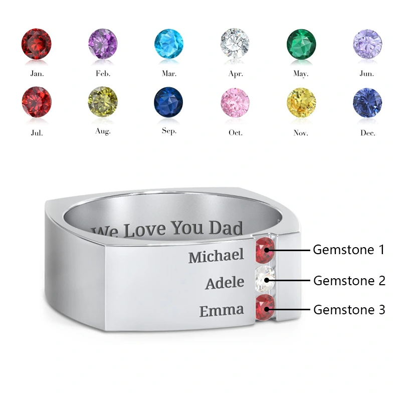 18K White Gold Round Cubic Zirconia Personalized Birthstone & Engraving Birthstone Ring For Women-5