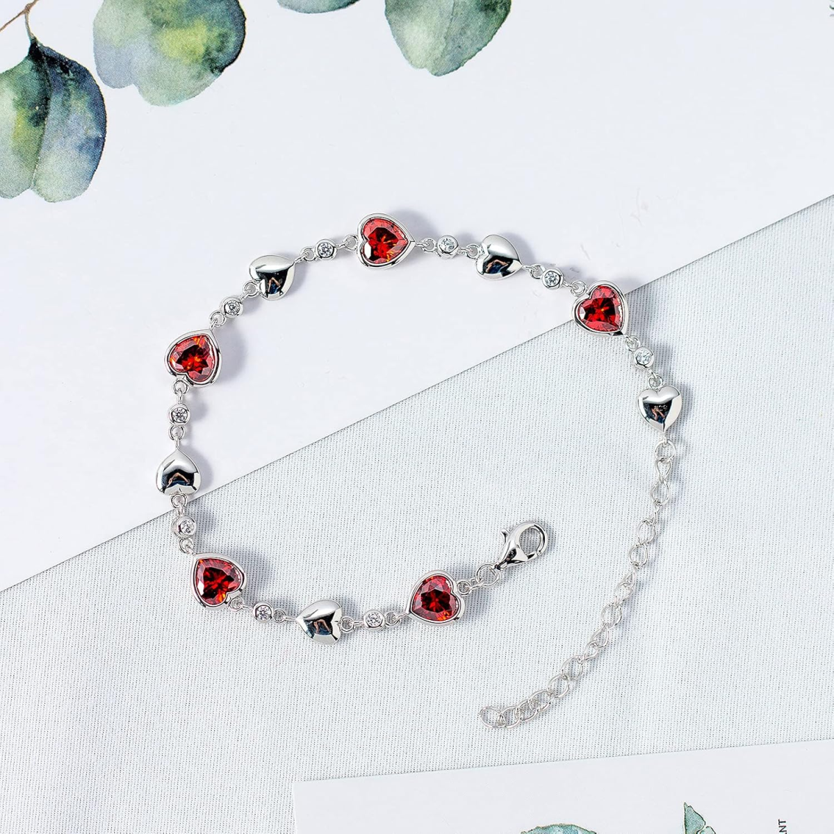 Pulsera de oro blanco de 14 quilates con dije de corazón de rubí y piedras preciosas-2