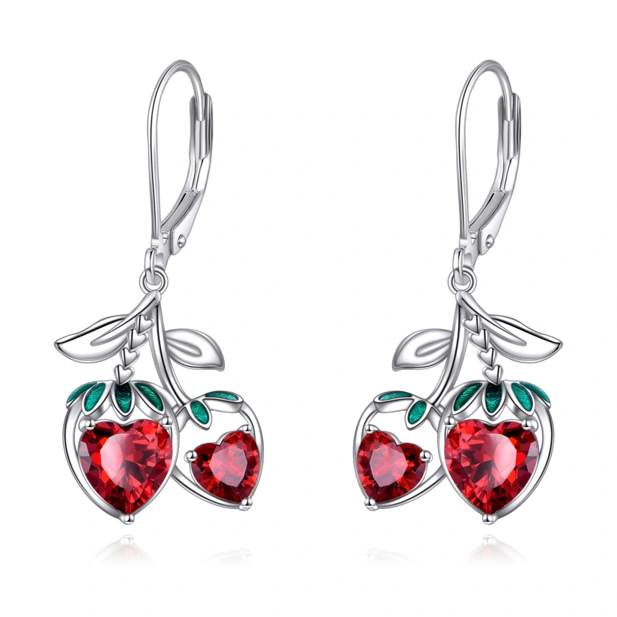 14K White Gold Cubic Zirconia Strawberry Lever-back Earrings-1