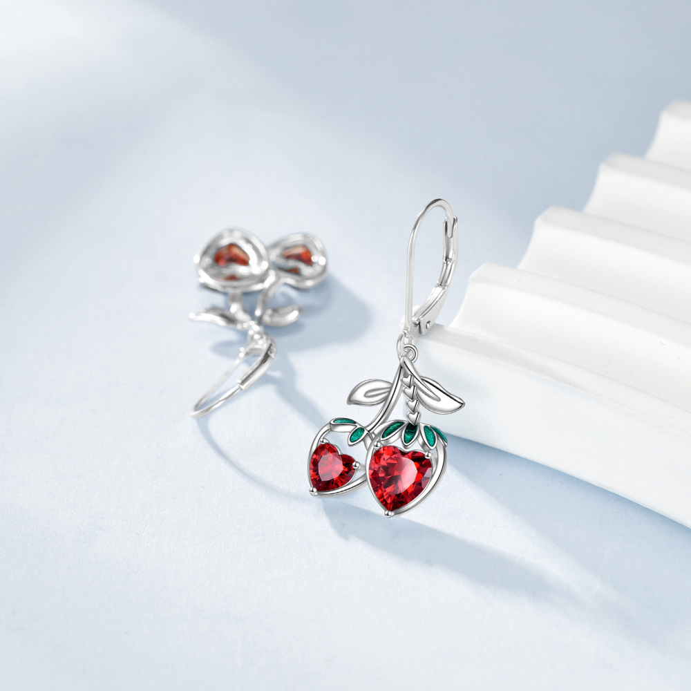 Sterling Silver Cubic Zirconia Strawberry Lever-back Earrings-3
