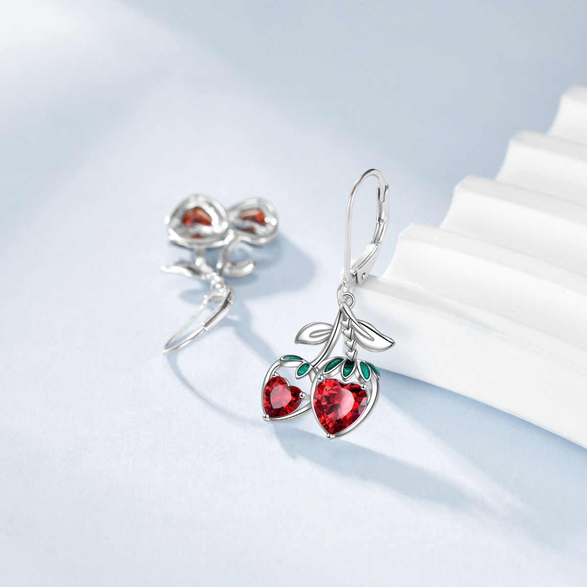 14K White Gold Cubic Zirconia Strawberry Lever-back Earrings-3