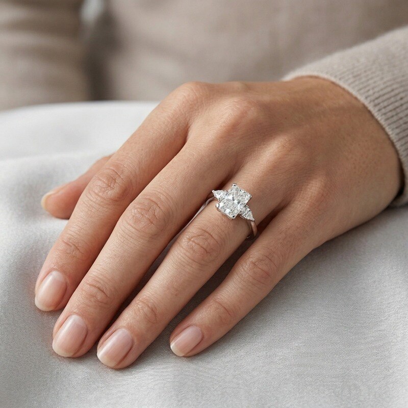 Anillo de compromiso personalizado de oro blanco de 14 quilates con diamantes creados en laboratorio de corte radiante, de 1 a 3,5 quilates, color D, pureza VVS1-VS1, certificado IGI, 3EX-2