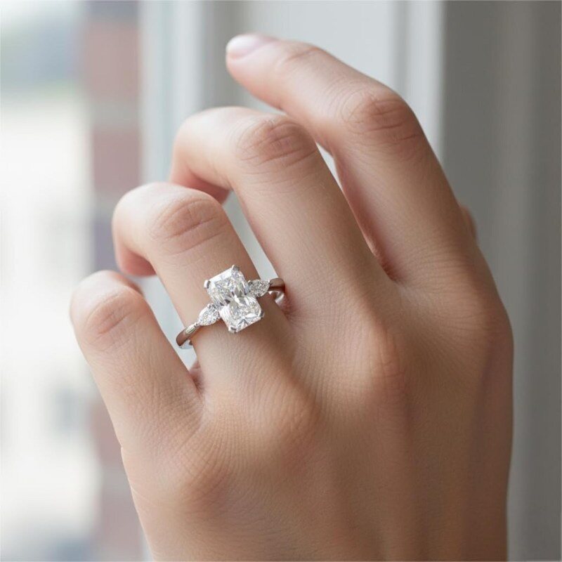 Anillo de compromiso personalizado de oro blanco de 14 quilates con diamantes creados en laboratorio de corte radiante, de 1 a 3,5 quilates, color D, pureza VVS1-VS1, certificado IGI, 3EX-4