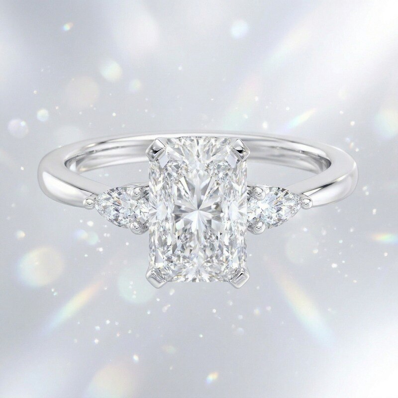 Anillo de compromiso personalizado de oro blanco de 14 quilates con diamantes creados en laboratorio de corte radiante, de 1 a 3,5 quilates, color D, pureza VVS1-VS1, certificado IGI, 3EX-5
