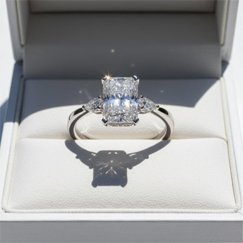 Anillo de compromiso personalizado de oro blanco de 14 quilates con diamantes creados en laboratorio de corte radiante, de 1 a 3,5 quilates, color D, pureza VVS1-VS1, certificado IGI, 3EX-6