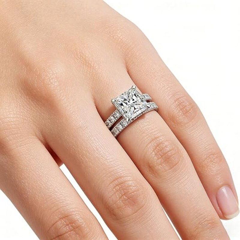 10K Oro Blanco Juego de Boda de Moissanita con Corte Princesa de 1 a 6 CT-3