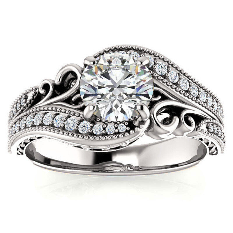 Anillo de compromiso de oro blanco 10K con moissanita de corte redondo de 1 a 6 quilates-1