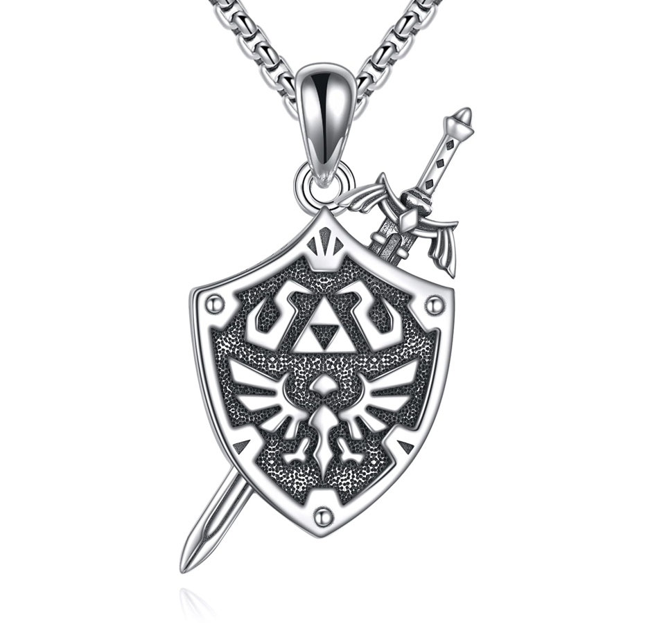 Collar de oro blanco de 14 quilates con la Trifuerza y la leyenda de Zelda, ideal como regalo para hombres y mujeres.-1