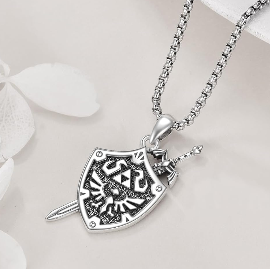 Collar de oro blanco de 14 quilates con la Trifuerza y la leyenda de Zelda, ideal como regalo para hombres y mujeres.-2