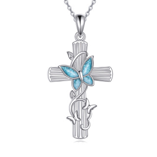 Sterling Silver Turquoise Butterfly & Cross Pendant Necklace-4