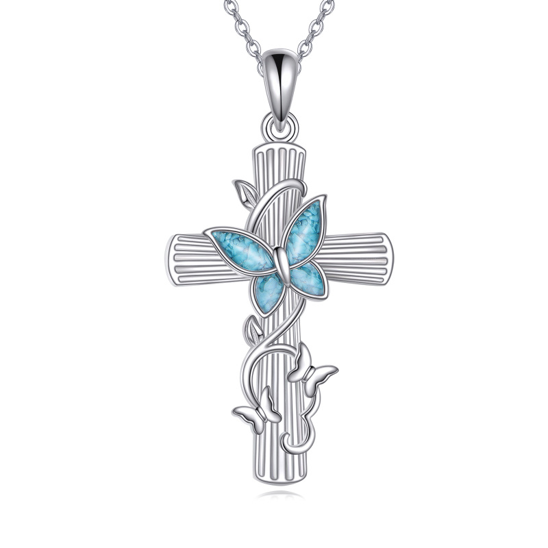 Sterling Silver Turquoise Butterfly & Cross Pendant Necklace-7